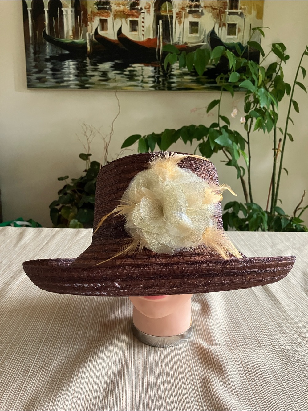Brown Straw Wide-Brim Hat with Cream Golden Flower Accent